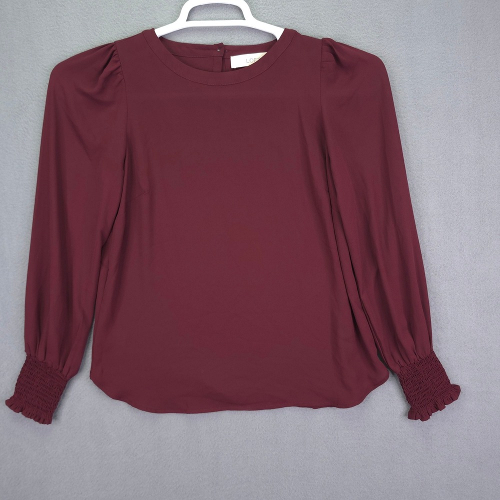 LOFT Blouse Smocked Cuff Puff Sleeve Burgundy XXSP Petites Polyester Career